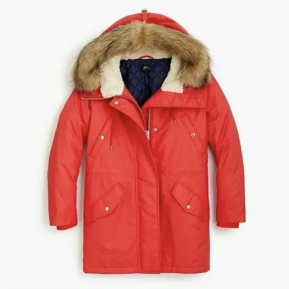 NWT $350 J.Crew Winter Waxed Canvas Parka Primaloft Faux Fur Sz M Red